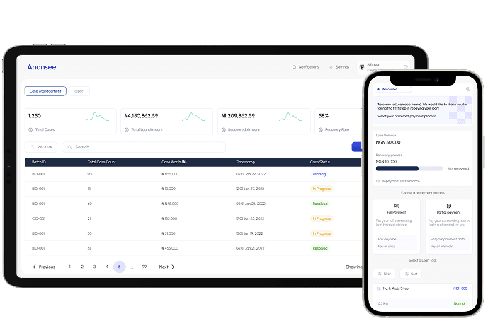 Anansee loan recovery dashboard on tablet and mobile
